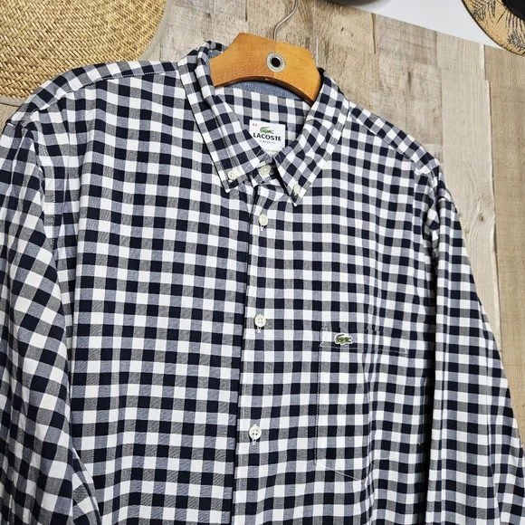 Lacoste Button Up Long Sleeve Gingham Classic Fit Poplin Shirt Sze 44 Blue White - Picture 3 of 10